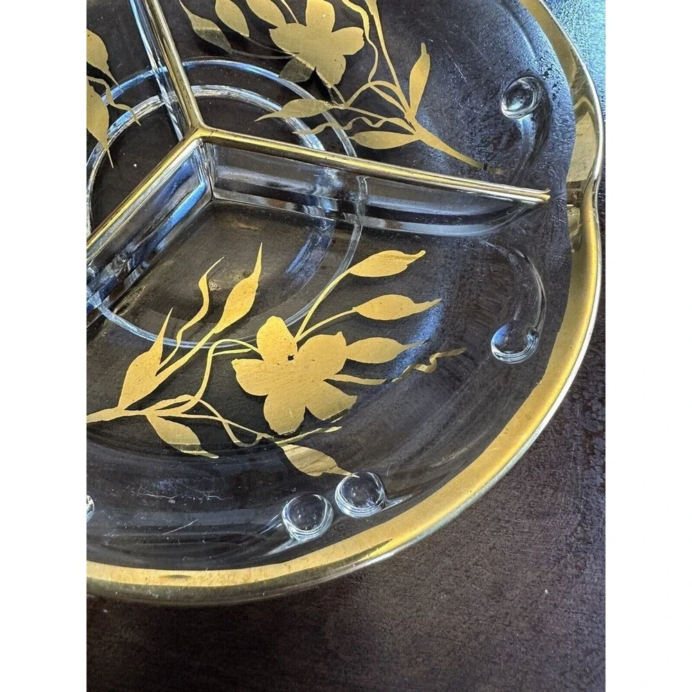 Vintage three sectioned gold trimmed candy dish, 8 inch diameter, MCM, holiday
